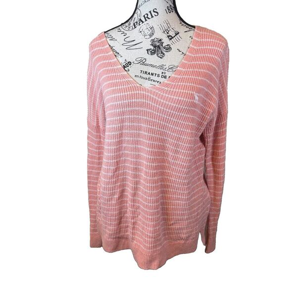 Abercrombie and Fitch Women's V-Neck Icon Sweater Coral Stripe Sz M Oversized - Picture 1 of 9